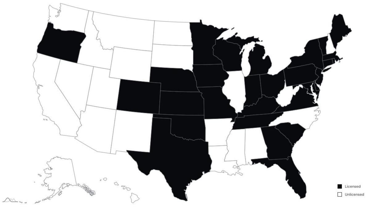 Woodrock Engineering state licensing coverage map across 40+ states