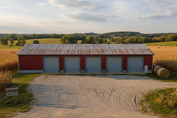 Post frame equipment storage building with roll-up doors