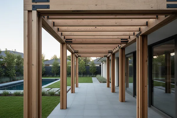 Wooden pergola over outdoor patio seating area